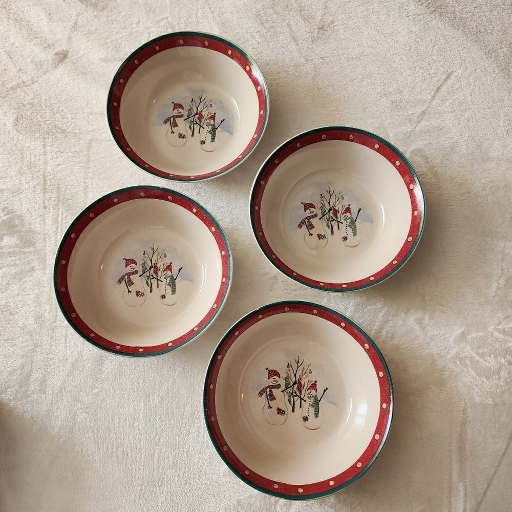 Royal Seasons 4 Piece Stoneware Christmas Snowmen Soup Bowls 6.5"